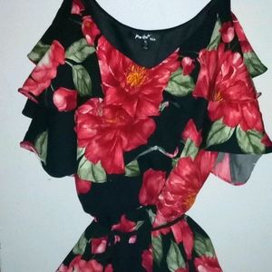 Red flowers/ black shorts romper